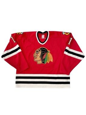 Vintage 80s Maska Ultrafil Chicago Blackhawks Jersey #1 Red Distressed Men XL